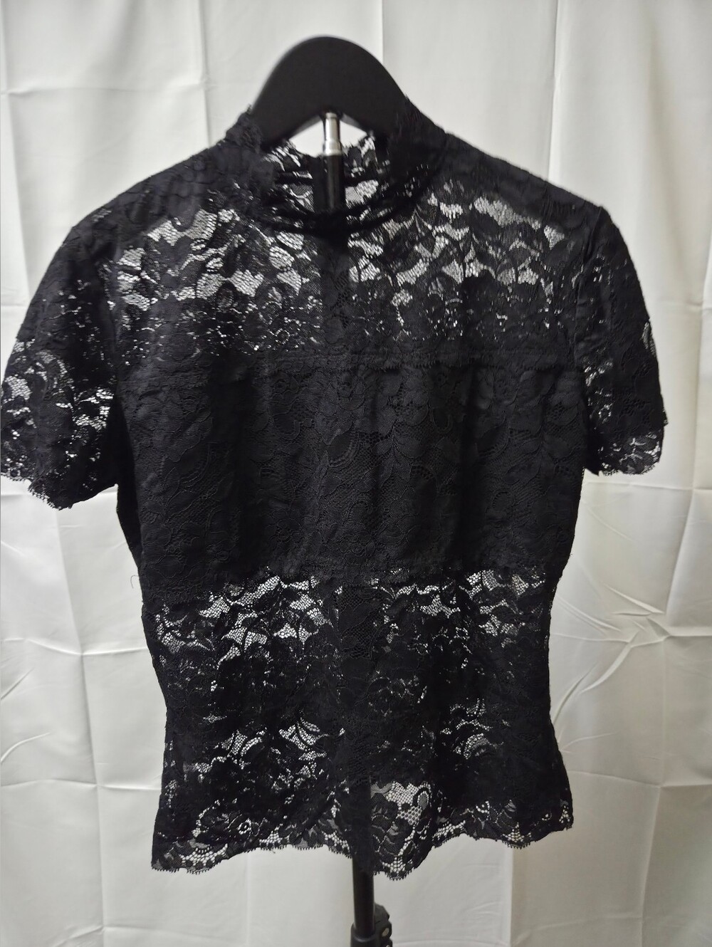 Guess Black Sheer Floral Lace Mock Neck Short Sleeve Blouse